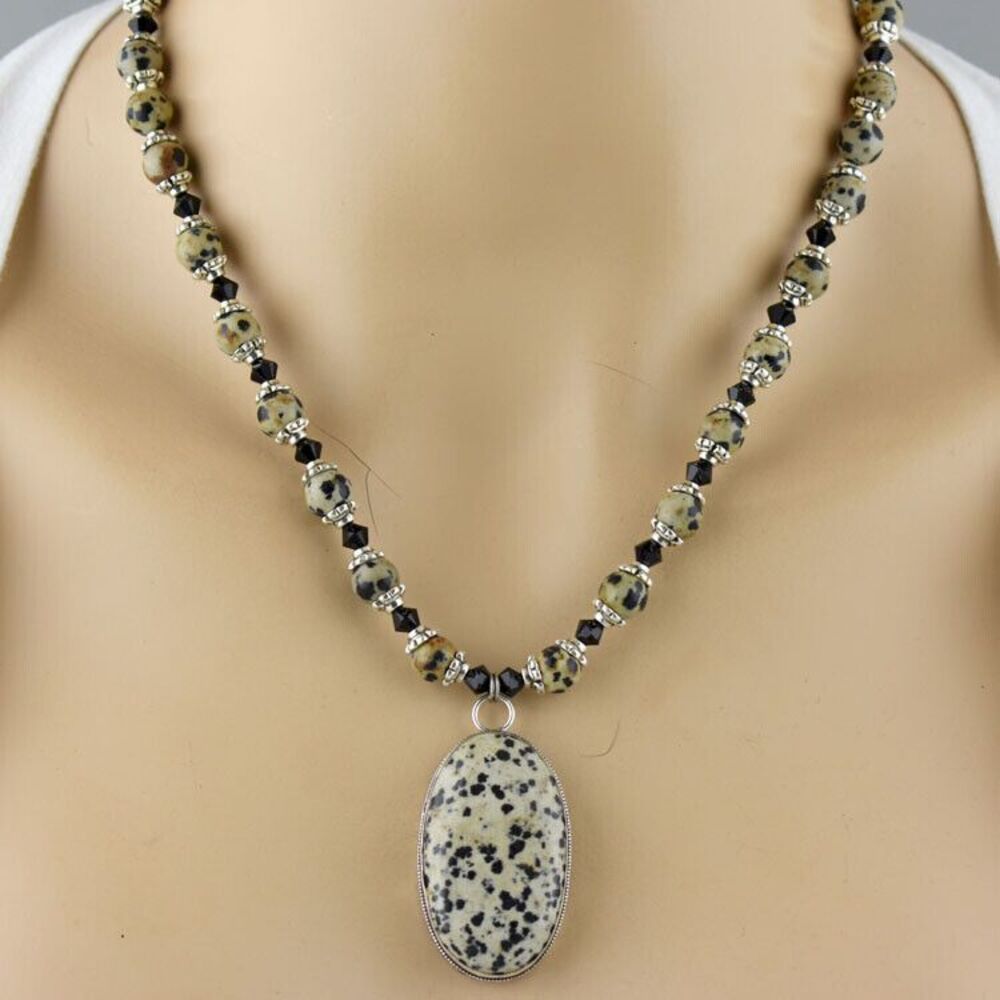 Handcrafted Necklace Earring Set .925 Overlay Dalmatian Jasper made Swarovski